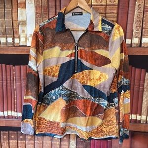 Zipper collared neckline geometric‎ print top